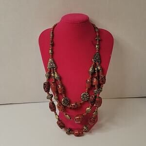 Multi-strand Red and Gold Beaded  Boho Festival Statement Western Necklace